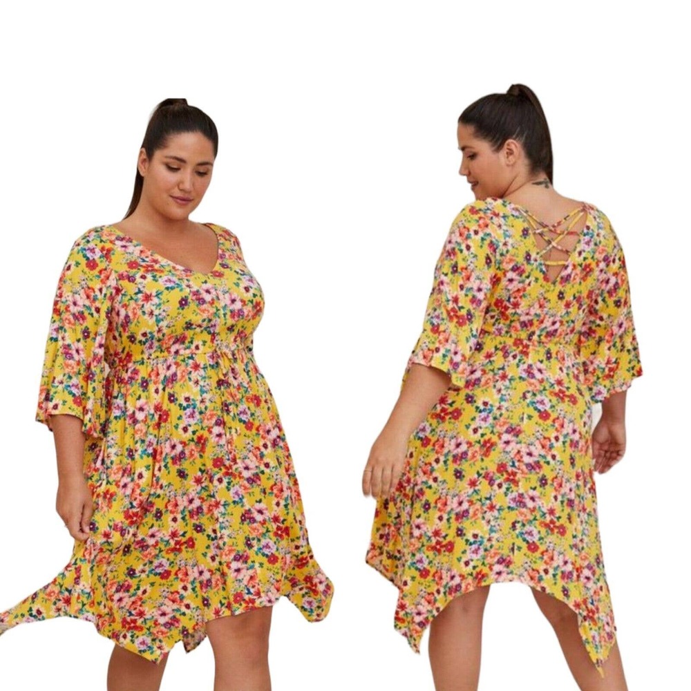 Torrid Womens Dress Yellow Babydoll Stretch Challis Floral Hanky Hem V Neck Sz 1